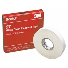 Fiberglass cloth tape with rubber adhesive, 7 mil thick, rated for 600 V. Used for wrapping and protecting electrical cables, coils, and bus bars in industrial environments such as motors, transformers, and heavy machinery.