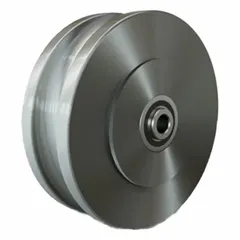 U-groove wheel with 6 in diameter and 2 in width, designed for 1/2 in axle. Clear finish. Load capacity 1,500 lb. Suitable for guiding and supporting loads along tracks in material handling systems such as overhead cranes, conveyors, and industrial doors.