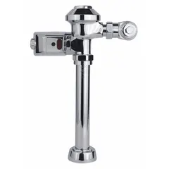 Battery-powered exposed automatic flush valve with top spud location. Delivers 1.28 gallons per flush (gpf) for water-efficient operation. Suitable for commercial and institutional toilet systems requiring touchless flushing.
