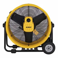 This mobile floor fan features a 24-inch blade diameter and a 1/6 hp direct-drive motor, operating on 120V AC. The steel construction and CFD-compliant design support air circulation in workshops, warehouses, and construction sites.