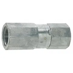 This non-reconnectable breakaway connector is designed for fuel dispensing systems to provide emergency shutoff protection under tension. It features a 3/4-inch FNPT inlet and 3/4-inch FNPT discharge, both with NPT threads, and is constructed from aluminum. Chemically compatible with ethanol, it is suitable for use in ethanol-blended fuel applications.