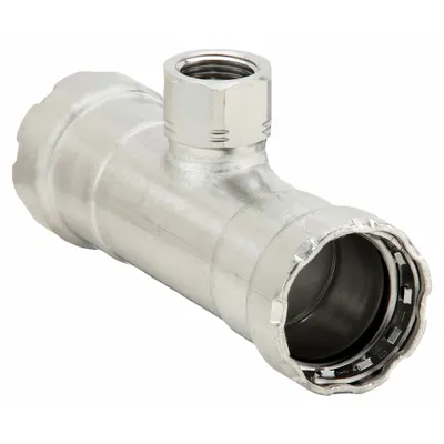 VIEGA MEGAPRESS Crimp Tee Fitting: 3/4 in Pipe x 3/4 in Pipe x 1/2 in Pipe Size - Potable Water Stainless Steel Press Fittings
