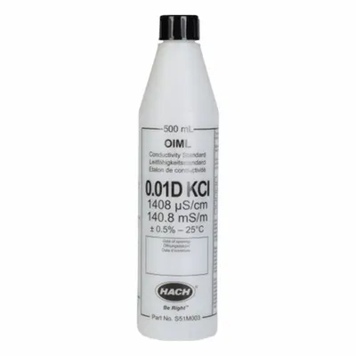 HACH Conductivity Standard Solution: 500 mL Volume, Liquid, 0.01D, Solution - Conductivity Standards