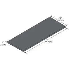 Phenolic shelf for laboratory benching, measuring 42 inches long, 12 inches wide, and 1 inch thick. Black finish. Resists moisture and chemicals for storing equipment, glassware, and supplies.