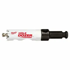This bi-metal hole saw with attached arbor cuts through wood, metal, and plastic. It has a 3/4-inch diameter, 3/5 teeth per inch, and a maximum cutting depth of 1-5/8 inches. Suitable for use with portable drills in general construction, electrical, and plumbing applications.