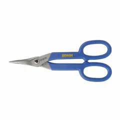 This duckbill snip features a straight cutting edge with a 2-inch cutting length and 10-inch overall length. The head is steel, handles are plastic, and the blade is stainless steel. It is suited for cutting sheet metals such as 26 ga stainless steel, commonly used in HVAC, ductwork, and metal fabrication for straight cuts in confined spaces.