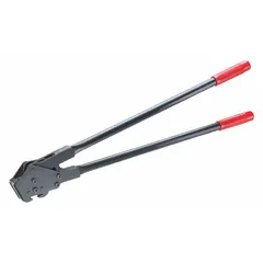 This manual sealer tool is designed for tensioning and sealing steel strapping in industrial packaging, shipping, and material handling. It features a heavy-duty, single-notch, down-cut mechanism for reliable joint closure on heavy loads.