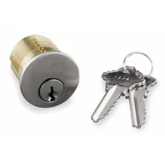Chrome mortise cylinder for securing doors, cabinets, and access panels. Includes two keys, available keyed alike (KA) or keyed different (KD). Suitable for facility maintenance and industrial enclosures.