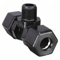 Polypropylene compression tee fitting with 1/4 in OD x 1/4 in OD x 1/8 in pipe size connections. Used to branch or combine fluid lines in tubing systems. FDA approved for food-grade applications