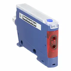Fiber-optic sensor amplifier from the XUD series with digital display. Features IP65 rating for dust and water ingress protection. Equipped with M8 connector for sensor connection. Used in industrial automation for precise object detection in confined spaces.