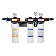 Multi-purpose water filtration system with polyphosphate filter media for chloramine reduction. Includes three filters, 7 gpm flow rate, 70,000 gallon capacity, and 18 3/4 in overall height with NPT connections. Suitable for commercial or industrial water treatment applications.