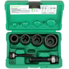 Round knockout punch and die set for creating holes in sheet metal up to 10 gauge steel. Includes a Slug Buster 1/2 in punch with plastic construction. Falls Free design enhances safety during operation. Suitable for electrical panel fabrication, enclosure modification, and general sheet metal work.