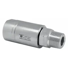 This nickel-plated C38500 brass rotary union is designed for air service, featuring a single passage and a 3/8 in stationary port. It supports a maximum speed of 1000 RPM, enabling reliable transfer of air from a stationary supply line into rotating machinery in industrial applications such as packaging, printing, and material handling.
