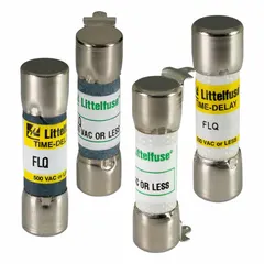 The LITTELFUSE FLQ01.5 is a 1.5 A, 500 V AC time-delay midget cylindrical fuse from the FLQ Series. Its time-delay characteristic allows tolerance of temporary inrush currents, making it suitable for overcurrent protection in circuits with inductive loads such as motors and transformers.