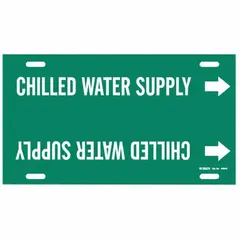 Green strap-on pipe marker with white legend reading 'Chilled Water Supply' and directional arrows. Fits pipe outer diameters from 8 to 9-7/8 inches. Used to identify chilled water supply lines in industrial piping systems, aiding in quick location and verification of pipe contents during operation, maintenance, or system expansion.