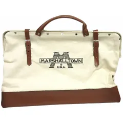 White canvas wide-mouth tool bag with one exterior pocket and one inside pocket. Measures 20 inches wide by 8 inches deep by 15 inches high. Suitable for carrying and organizing hand tools on job sites.