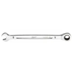 This 9 mm metric combination wrench features a 12-point ratcheting box end for faster fastener turning without repositioning, and a standard open end. Made from chrome vanadium steel with a chrome finish, it is suited for general assembly, maintenance, and repair tasks in mechanical and industrial settings.