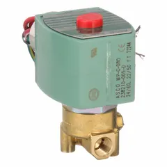 This 2-way, 2-position normally closed solenoid valve features a brass body and a watertight coil enclosure. It is designed for high-flow applications with a 1/8 in pipe size and operates on 24V AC. Suitable for on/off control of water, air, and light oil in industrial fluid systems.