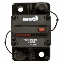 Surface mount Hi-Amp circuit breaker rated for 42V DC systems with a 30 A interrupt rating at 42V DC. Features stud terminal connections for secure installation. Suitable for protecting high-current circuits in automotive electrical systems.