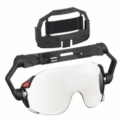 This eye shield assembly attaches to hard hats and helmets for face protection. The silver lens features anti-fog, mirrored, and scratch-resistant properties. Suitable for industrial environments where impact, debris, and glare are present.