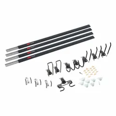 This steel wall-mount track system kit includes four 48-inch rails and hardware for installation. With a load capacity of 1,750 lb, it is suited for organizing tools and equipment in garages or workshops.