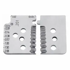 Steel replacement blades for automatic insulation strippers. Overall length 1-3/4 in. Suitable for cutting and removing insulation from wires in electrical work and panel building.