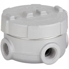 Aluminum conduit outlet body with round back and XAT body style. Threaded female hubs for use with 1/2 in threaded IMC. Includes cover and gasket. 13.5 cu in capacity. UL Listed for hazardous locations: Class I, Division 1 and 2, Groups C, D; Class II, Division 1 and 2, Groups E, F, G; Class III.