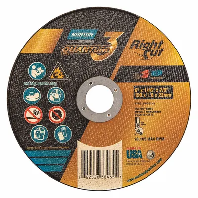 NORTON Abrasive Cut-Off Wheel: Type 1, 6" x 1/16" x 7/8", Ceramic, 36 Grit - Cool-Cutting Cut-Off Wheels for Carbon & Stainless Steel