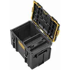 This plastic tool organizer box in black is designed for storing and transporting tools and accessories. It includes one divider to help separate contents. The box integrates with the Tough System stackable lineup for modular storage on job sites.