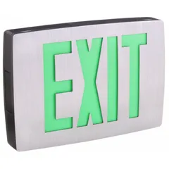 This aluminum LED exit sign features a black housing with green illuminated text on two faces. It operates on 120/277 V AC and includes universal field selectable chevrons for directional indication. Designed for ceiling mounting, it is intended for marking emergency exits in commercial buildings. This unit does not include battery backup or self-diagnostics.