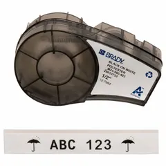 This combined label and ribbon cartridge is designed for the Brady BMP21-LAB printer, providing a continuous roll of white gloss polyester labels. The cartridge is halogen-free and suitable for indoor and outdoor use, making it appropriate for general industrial labeling applications such as equipment identification, cable marking, and safety signage.