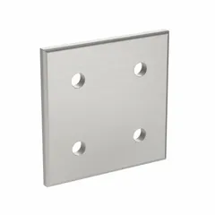 Anodized aluminum square flat plate connector for 45 Series structural framing. Measures 86 mm x 86 mm x 6 mm with four holes for 10 mm slot width. Used to join aluminum profiles in industrial framing applications such as machine bases and workstations.