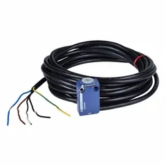 Metallic body and receptacle assembly for limit switches, part of the XCMD series. Features a snap-in base with a 2m PVR cable, 1NO/1NC contact configuration, and two mounting holes. Used in industrial automation for detecting object presence, position, or absence in machinery and conveyors.