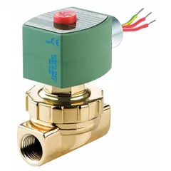 This REDHAT solenoid valve is a 2-way/2-position, normally closed type with a 3/8 in pipe size and 110V AC coil. It features a compact design, PTFE seal, and watertight coil enclosure suitable for damp environments. Typical applications include on/off control of liquids or gases in industrial automation and process systems.