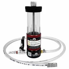 Metal injection pump for introducing balancing beads into tires without dismounting. Features a 9 1/2 in overall length and includes a ball valve. Used in automotive and industrial wheel service applications.