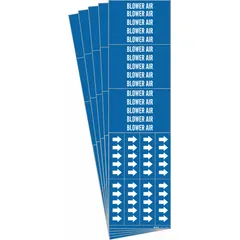 Blue background pipe marker with white legend text reading 'Blower Air' and directional arrows. Designed for pipes with outside diameter of 3/4 inch and smaller. Each pack contains 5 markers, including 3 pipe markers. Used to identify compressed air or blower lines in industrial piping systems.