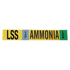 Single adhesive pipe marker for ammonia piping systems. Identifies LSS (Liquid Suction/Surge) line for VAP phase at Low pressure level. Fits pipe outer diameter of 8 inches and larger. Without directional arrows. Complies with IIAR standards for pipe marking.