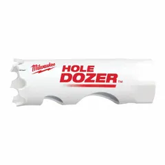 Bi-metal hole saw for cutting wood, metal, and plastic. Features 3.5 teeth per inch and a maximum cutting depth of 1-5/8 inches. Suitable for general maintenance, electrical, and plumbing applications requiring clean holes.
