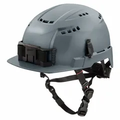 This MILWAUKEE BOLT series hard hat is a Type 2, Class C vented front brim model made of polyethylene in solid gray with no graphics. It features a ratchet suspension adjustment for secure fit and a headlamp mount for accessory integration. Suitable for industrial head protection in construction, manufacturing, and maintenance environments.