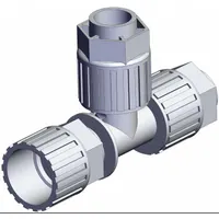 PFA compression tube fitting from the LQ3 series with three 3/4 in OD ports. Complies with RoHS6 and RoHS10 standards. Used in high-purity fluid handling systems for secure, leak-free connections