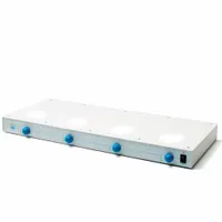 This 4-position analog magnetic stirrer features a rectangular stainless steel top and an illuminated display for clear visibility. It operates on 100/240V with a US standard plug, suitable for simultaneous stirring of multiple samples in laboratory settings
