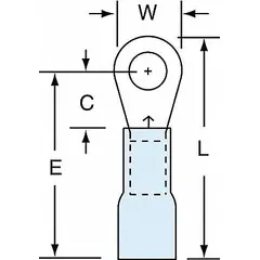 Heat shrink insulated ring terminal for #8 stud size, accepting 16 AWG to 14 AWG wire. Rated 1000 V. Provides secure termination and environmental sealing for electrical connections in control panels, automotive wiring, and equipment.