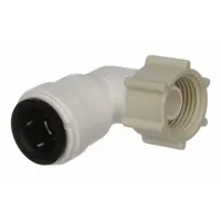 Polysulfone push-to-connect x closet elbow fitting. Connects 3/8 in OD tubing to a 3/4 in OD closet flange. Suitable for plumbing, HVAC, and industrial fluid systems requiring a leak-free joint