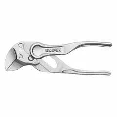 Flat-jaw tongue and groove pliers with push-button adjustment for quick repositioning across 10 jaw positions. Overall length 4 in, maximum jaw opening 3/4 in. Suitable for gripping and turning flat or thin workpieces such as sheet metal, pipes, and fittings in maintenance, plumbing, and assembly tasks.