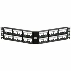 This 48-port angled patch panel is constructed from steel and provides front access for unshielded copper cabling. It features a label pocket for port identification and is compatible with Panduit Mini-Com modules. Designed for 2-rack-unit installation, it is suited for organizing and terminating cabling in network environments.