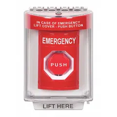 Red emergency exit push button for use in egress systems. ADA compliant. Dimensions: 4 7/8 in height, 3 3/16 in depth, 3 1/4 in width. Suitable for commercial, industrial, and institutional facilities requiring safe door release during evacuation.