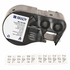 This vinyl label roll cartridge produces black-on-white wraparound labels measuring 1 in by 1 29/32 in. It is designed for use with the M510 printer series and requires R6200 ribbon. Typical applications include industrial identification and cable marking.