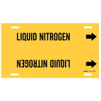 Yellow strap-on pipe marker with black legend 'Liquid Nitrogen' and directional arrows. Fits pipe outer diameters of 8 to 9-7/8 inches. Used to identify liquid nitrogen lines in piping systems for safety and maintenance