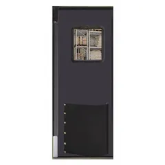 This washdown swinging door features a single door panel measuring 3 ft wide by 8 ft high, constructed from polyethylene with a textured gray finish and an integrated window. It includes door seals and is EISA compliant. Typical applications include food processing, pharmaceutical, and industrial environments requiring frequent high-pressure hose cleaning.