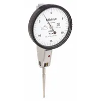 Horizontal-style dial test indicator with a measurement range of 0 to 0.03 inches and accuracy of +/-0.0005 inches. Features a 3/8 inch stem and inch graduations. Includes an Inspection Certificate. Used for comparative measurements of surface flatness, runout, and alignment in machining and inspection applications